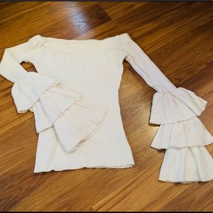 ivory off the shoulder bell sleeve sweater🤍